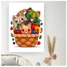 1pc Frameless Cartoon Abstract Cute Funny Cat Tree Flower Basket Clock Posters Vintage Painting Canvas Printing Wall Arts Modern Living Room Bedroom Dormitory Study Coffee Shop Room Wall Decoration Home Decoration Gifts ,Wall Art With Frame