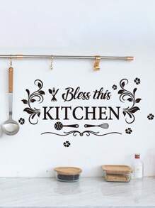 1pc Creative English Letters Flower Kitchenware Decoration Kitchen Background Wall Stickers Durable Waterproof PVC Stickers Self-Adhesive And Easy To Peel Suitable For Kitchen Dining Room Living Room Wall Decoration Home Decoration Make Your Life A New Holiday Decoration Stickers Birthday Graduation Gifts
