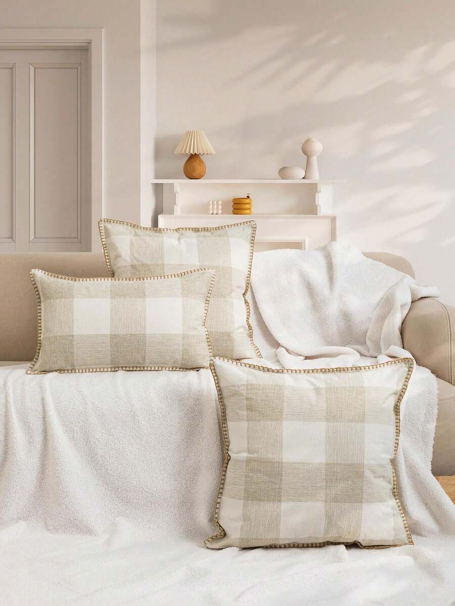 1/2 件奶油色和白色格子编织抱枕套，现代简约亚麻外观滚边靠垫套，适用于卧室、客厅、沙发、花园、派对、季节性使用，30*50 厘米、45*45 厘米、50*50 厘米（无填充物） - 米色 - 查看 1