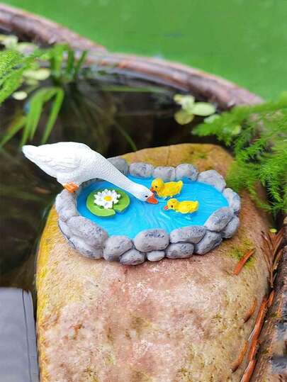 1件树脂动物摆件套装 - 现代3D迷你水池，包含鸭子、青蛙和乌龟 - 落地式仙境花园装饰，适用于家居和情人节 - 无需电源或电池