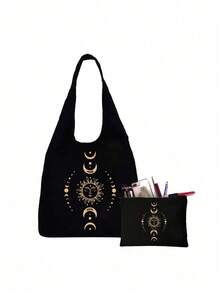 一套三件：月亮星星印花帆布手提袋、黑色图案印花单肩包和黑色收纳袋 - 个性化伴娘礼物、情人节礼物、化妆包、旅行收纳包 - 黑色 - 查看 12