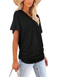 Womens Short Sleeve Dolman Tops With Side Shirring Loose Fit Shirts - Black - View 3