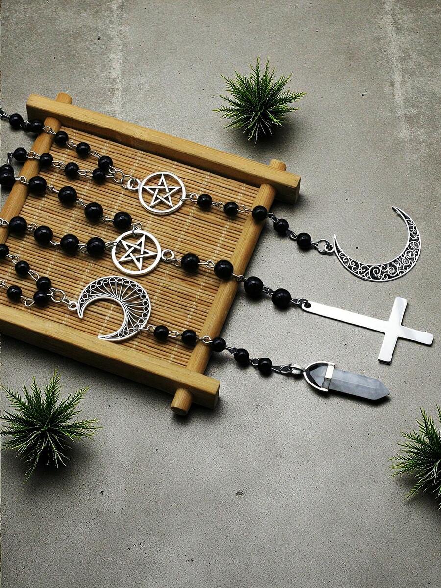 复古银色新月十字五角星空心吊坠黑色念珠念珠颈链可调节链条哥特式魅力巫术异教威卡教珠宝多功能派对旅行日常佩戴风格配饰适合女性男性母亲节、生日礼物 - 彩色 - 查看 1