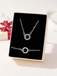 2 Stücke geometrisches Kreis-Glieder-Zirkonia Armband und Halskette Set, elegantes Schmuckgeschenkset mit Box, Brautgeschenk, Liebesgeschenk, Muttertagsgeschenk, Weihnachtsgeschenkbox, Geburtstagsgeschenk