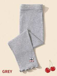 4 件/1 件女童纯色竖条纹七分紧身裤，带小樱桃装饰，透气弹力紧身裤，儿童七分裤，适合儿童夏季日常穿着