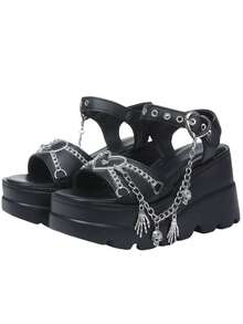 Y2K Style New Spring/Summer Slope Heel Thick Bottom Women's Fashion Sandals Slippers Comfortable Casual Shoes Women's Gothic Style Cross Chain Detail Platform Sandals - 黑色 - 查看 8