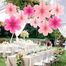 9 piezas- Decoraciones de papel, Set de 9 - Decoraciones colgantes de flores rosas, abanicos de fiesta y fondos florales para bodas, cumpleaños, decoración interior de sala de estar y dormitorio