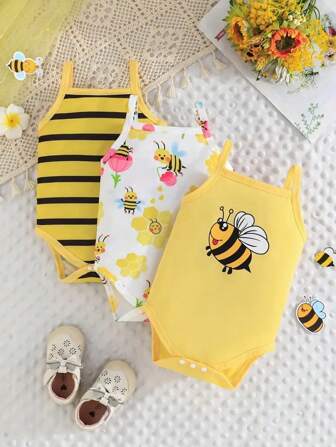 3件套可爱蜜蜂主题女婴连体衣，卡通蜜蜂图案，适合0-3岁女婴，春夏百搭，休闲户外皆宜