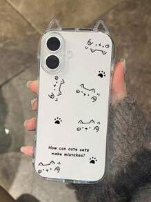 1pc Cat Paw & Waving Cat Graphic Transparent Soft Phone Case With Cat Ear Design, Airbag Shock-Proof, 1.5mm Thickness TPU Case With Lanyard Hole Compatible With IPhone 16/16Pro/16Plus/16Promax/15Promax/11/12/13/14/15Plus/15Pro/14Pro/13Pro/16E