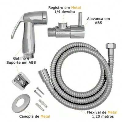 Kit Ducha Higiênica Cromada Banheiro Lavabo Bidê 1,2m ABS 14 Volta