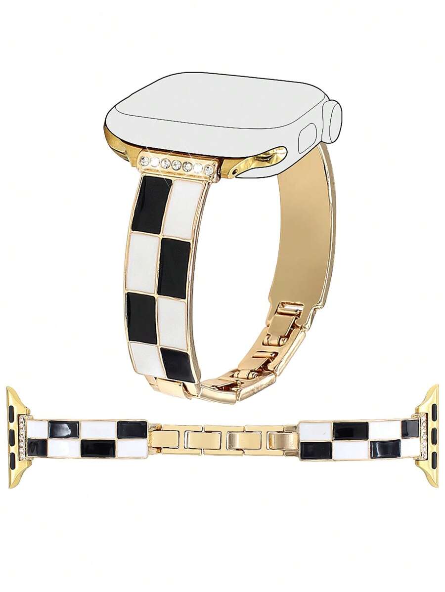 1 Pc Elegant Plaid Lady Zinc Aloy Bracelet Strap Compatible With Apple Watch Band 38/40/41/42/44/45/49/(S10 42)/(S10 46)Mm, Classic Black And White Checkerboard Metal Removable Replacement Strap Compatible With Iwatch Ultra2/S10/SE/9/8/7/6/5/4/3/2/1Series,Fashionable Women's Smart Watch Strap, Retro Minimalist Style Women Watch Bands, Smart Watch Strap/Band, Valentine's Day Mother's Day Gift
