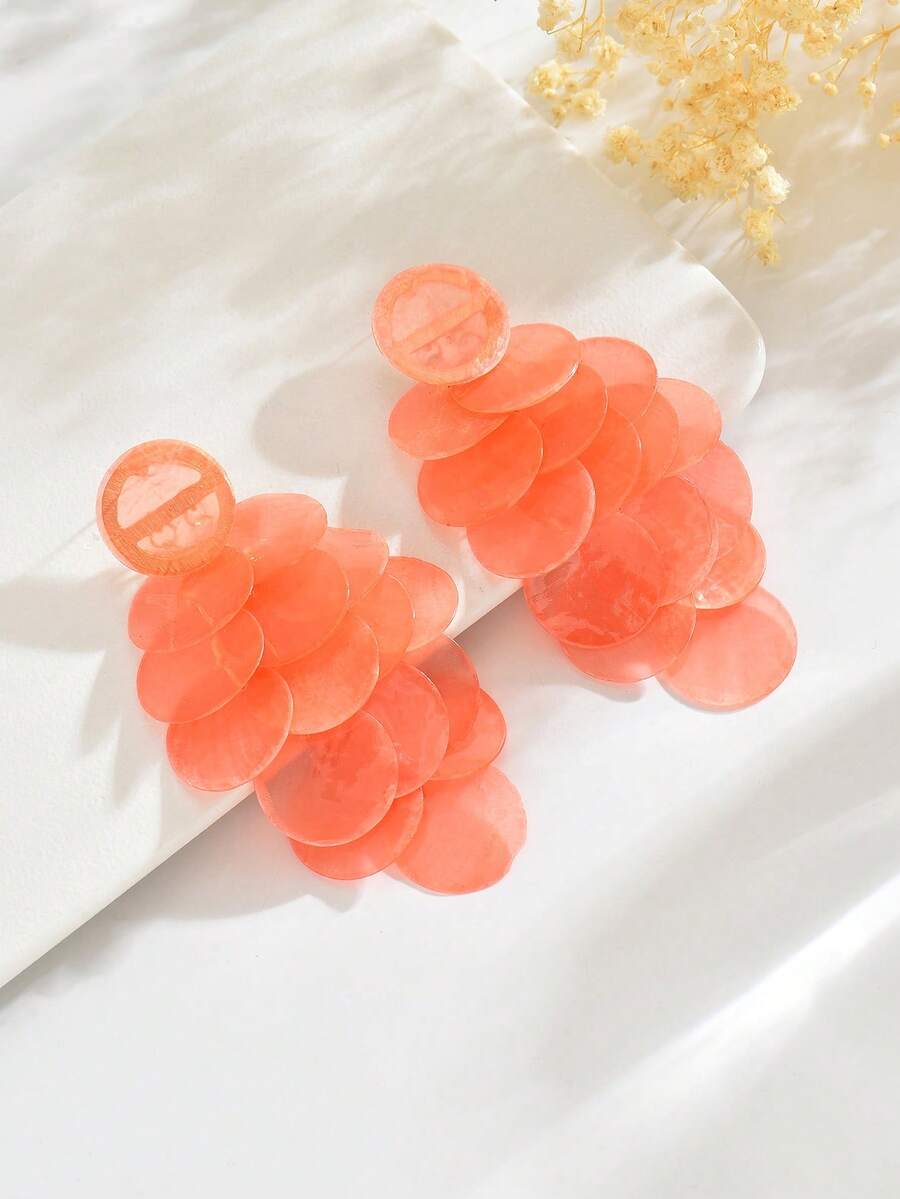 1對優雅奢華度假風誇張紋理不對稱圓盤長流蘇耳環,適合女性日常與度假穿著(圓盤表面紋理可能略有差異) - 桔色 - 查看 1