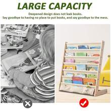 Kids Sling Bookshelf With Pocket, 7 Tiers, Natural Wood, Books Storage Rack, Perfect Height Reading Fun - Multicolor - View 2