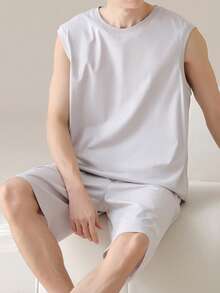 AICJ 2 件男士纯色休闲宽松简约背心上衣和短裤睡衣套装，适合春夏季家居服 - 淺灰色 - 查看 5