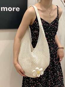 Hollow Knit Tote Bag, Large Capacity Women Handbag Beach Bag, Unlined, Polyester Fiber, Suitable For Summer Beach Leisure, Single Party Gift