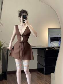 Women Elegant Solid Color Sleeveless Mini Dress With Deep V-Neck And Bowknot, Minimalist Design Summer - Brown - View 2
