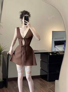 Women Elegant Solid Color Sleeveless Mini Dress With Deep V-Neck And Bowknot, Minimalist Design