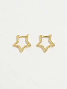 Vaerine 1 Pair Elegant Minimalist Cute 925 Sterling Silver Gold Star Shaped Smooth Double Circle Earrings, Suitable For Women To Wear On Dates, Parties, And Everyday - Gold - View 4