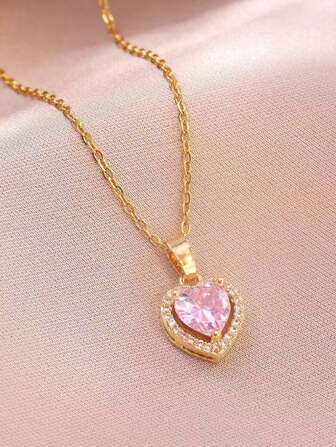 1pc Stainless Steel Non-Fading Heart Pendant Necklace, Fashionable Minimalist Design Micro-Inlaid Pink Cubic Zirconia Clavicle Chain