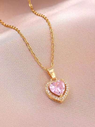 1pc Stainless Steel Non-Fading Heart Pendant Necklace, Fashionable Minimalist Design Micro-Inlaid Pink Cubic Zirconia Clavicle Chain