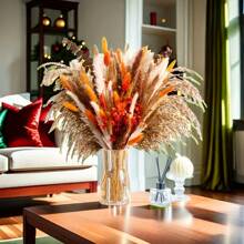 57pcs Boho Chic Artificial Pampas Grass Bouquet - Vibrant Spring Decor For Vases, Weddings, & Home - Includes Dried Flowers In White, Yellow, Orange & Brown - Perfect For Garden, Thanksgiving, Christmas, Easter, & More - No Battery Required, Flower Decorations