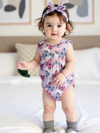 2pcs/Set Baby Girls Sleeveless Bodysuit & Headband, Cute Stylish Outfit For Outdoor/Holiday Summer