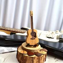 Wooden Guitar Pick Box With Stand, 5PCS Unique Guitar Picks, Guitar Pick Holder Box, Musician Engraved Wooden Plectrum Case, Acoustic Guitar Box For Electric Bass Guitar Ukulele Lover - Yellow - View 2