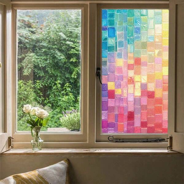 1pc New Colorful Stained Glass Window Film Sticker, Laser Holographic Plaid Stripe Wave Pattern, PVC Static Cling Privacy Glass Decal Removable For Bedroom, Living Room, Kitchen