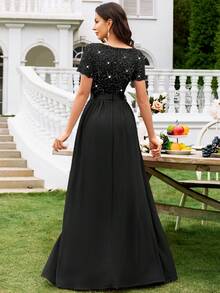 MIUSOL Vestido largo de fiesta formal con escote en V profundo, contraste de lentejuelas, encaje y volantes de gasa, vestido de noche formal - Negro - Ver 3