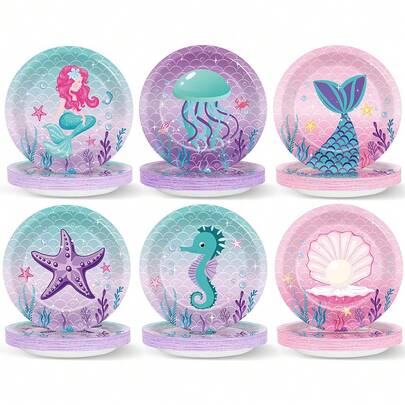 60 piezas, decoraciones de fiesta de cumpleaños de sirenita en morado y rosa, 6 estilos de platos de papel de postre de 7 pulgadas con diseño de sirena, vajilla de papel para la cena con tema de mundo submarino y conchas marinas para fiesta de baby shower con tema de océano