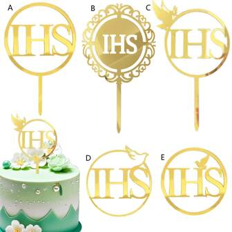 1 pièce/3 pièces/5 pièces Décoration de gâteau de baptême en acrylique doré IHS pour le baptême, la communion, l'anniversaire. Fournitures de décoration de gâteau