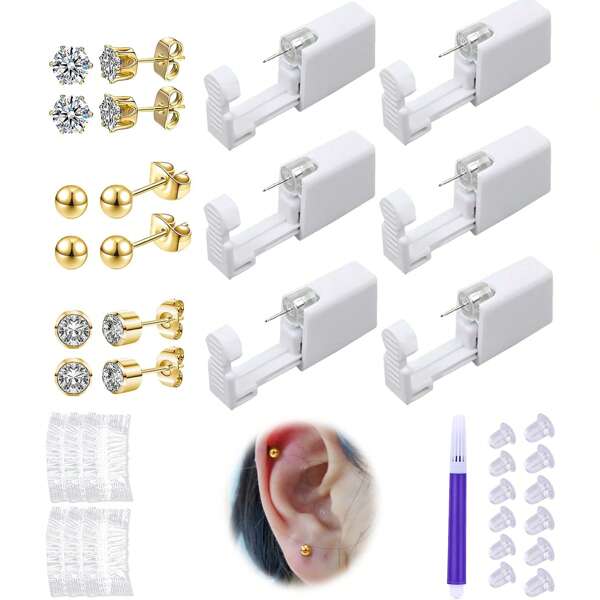 Ear Piercing Kit Disposable Ear Piercing Gun Kit With Sterile Multi-Sized CZ Earring Studs Easy And Safe Earring Self Piercing Kit For Your Own Use At Home