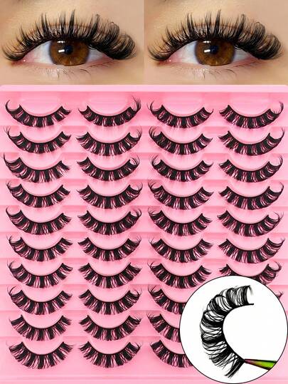 20 pares de pestañas postizas rusas tipo tira, rizado D, efecto natural, de 16 mm, tipo mink rizado, con aspecto de extensión de pestañas, mirada de ojo de gato alargada, paquete de pestañas postizas, pestañas, pestañas postizas