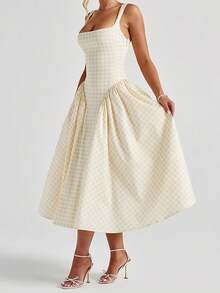 Women Sleeveless Corset Midi Dress Summer Plaid Print Backless A-Line Party Cocktail Vacation Beach Long Sundress - 黃色 - 查看 5