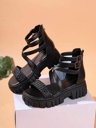 罗马凉鞋 女式时尚拉链镂空百搭舒适编织凉鞋，2025 年夏季