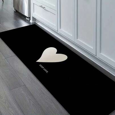 1PC Soft And Comfortable Black Floor Mat, White Heart-Shaped Pattern, Absorbent Anti Slip Carpet, Good Water Absorption, Machine Washable, Long Mat, Anti Slip Floor Drain, Bathroom, Bedroom, Kitchen, Laundry Room, Etc., Women's Gift, Year-Round Decoration, Bathroom Decoration, Room Decoration