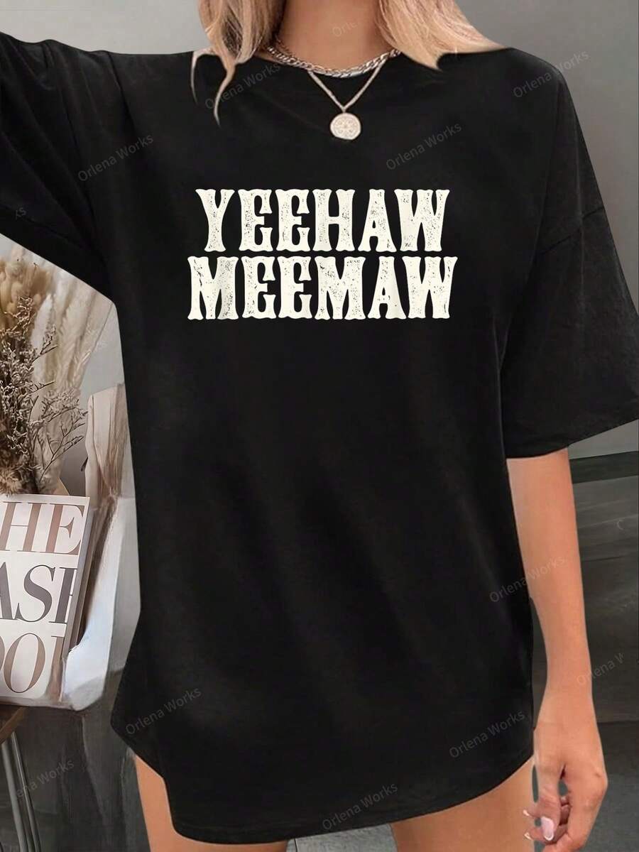 Funny Yeehaw Meemaw Spring Break Cruise Beach Shirt T-Shir - 100% Cotton Graphic Tees Women, Top Shirt Women Summer Tops Clothes, Y2K Clothes Mother Day Gift - 黑色 - 查看 1