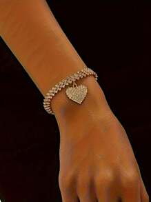 2Pcs Rhinestone Rhombus Beach Bracelet Anklet Set For Women, Simple Chic Crystal Heart Pendant