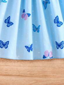 女童春夏新款盖袖罗纹蝴蝶印花下摆优雅可爱连衣裙 - 藍色 - 查看 6