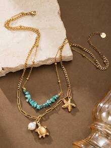 不锈钢波西米亚海龟和海星搭配绿松石点缀多层项链，适合海滩、度假、情人节礼物 - 雙層項鍊 - 查看 1