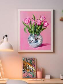 1 件，帆布挂画，墙面艺术，海报，易于悬挂，迪斯科球花瓶中的郁金香，粉色学院风墙面艺术，时尚花卉绘画，俏皮的房间装饰，镜面球印花，美丽的少女印花，可选画框 - 彩色 - 查看 10