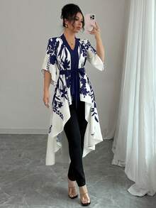 对称印花黑米色短袖收腰鱼尾下摆优雅法式衬衫，夏季 - 藏蓝色 - 查看 3