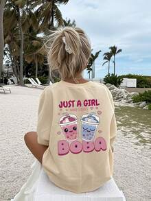 1件装 女童休闲珍珠奶茶图案印花圆领短袖T恤，夏季学生青少年服装 - 艺术风格T恤，激发想象力和自我表达！ - 杏色 - 查看 2