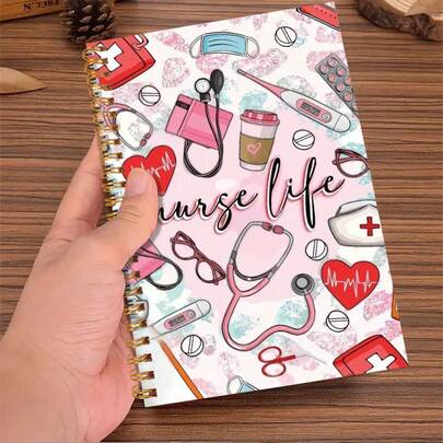1 Stück rosa Krankenschwester Leben Spiralblock, medizinisches Design mit Stethoskop und Herzschlag-Linienmuster, geeignet für examinierte Krankenschwestern, Krankenschwestern-Tages-Geschenke, Schulkrankenschwestern, Krankenpflege-Arbeitsmaterial, Lernmaterial und Rückkehr zur Schule
