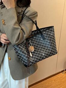 SHIMEINI 2025 New Fashion Women's Handbag, Large Capacity Commuter Niche Design Shoulder Bag, Casual Versatile Simple Stylish Tote Bag, Comfortable Material PU Texture Color Blocking Diamond Quilted Zipper Closure, Comfortable Dual Shoulder Straps, Spacious, Autumn/Winter (Note: No Pendant Included) - Black - View 4