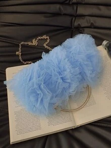 2025 Frühling/Sommer Neue Weiße Romantische Hochzeitssaison 1 Stück Weiße Mesh Volant Quaste Kristall Dekor Handtasche, Hochwertige Luxus Damen Abendkleid Party Braut Clutch Geldbörse für Hochzeit, Abschlussball, Bankett - Babyblau - Übersicht 3