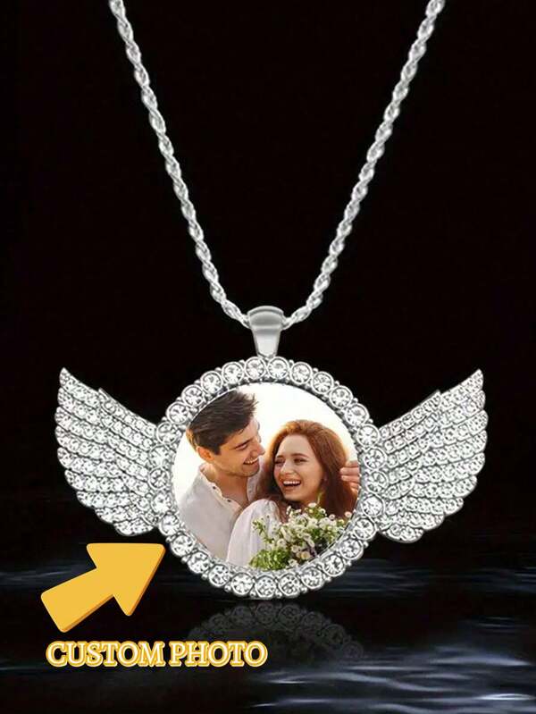 1pc Custom Picture Necklace, Hip Hop Style Personalized Pendant Necklace Jewelry With, Angel Wings Necklace With Pendant Custom Image Jewelry The Best Gift For Lovers, Friends And Parents Gift Silver Stylish