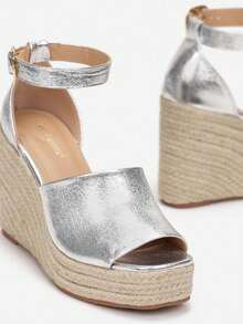 Sandalias de cuña alta con detalle de cuerda, acabado metálico, de verano - Plateado - Ver 4