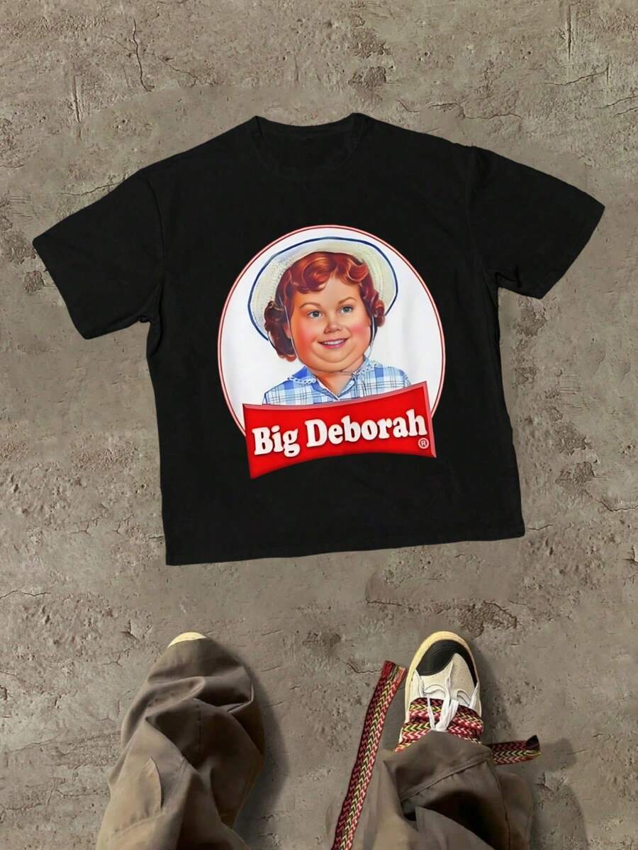 Plus Size Women T-Shirts,Pop Culture Big Deborah Themed With Character Image And Name Themed Graphic,100% Cotton 220g Casual Printed T-Shirt,Crew Neck Short Sleeve,For Going Out,Gift,Summer,Unisex - 黑色 - 查看 1