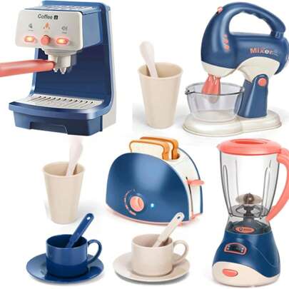 Juegos de utensilios de cocina surtidos para niños que incluyen cafetera, batidora, exprimidor de frutas y tostadora